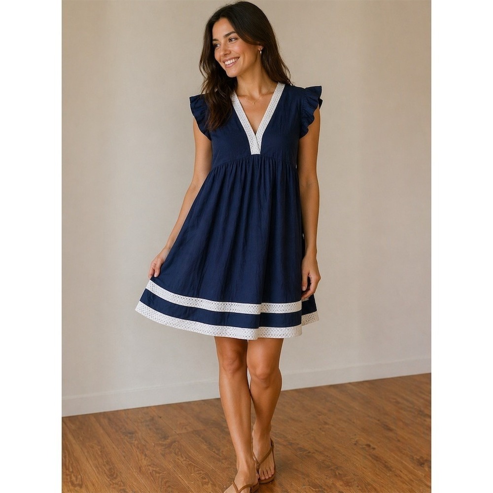 NavyBleu Eden Dress Womens Size L Navy Blue Babydoll Swing V-Neck Crochet Trim